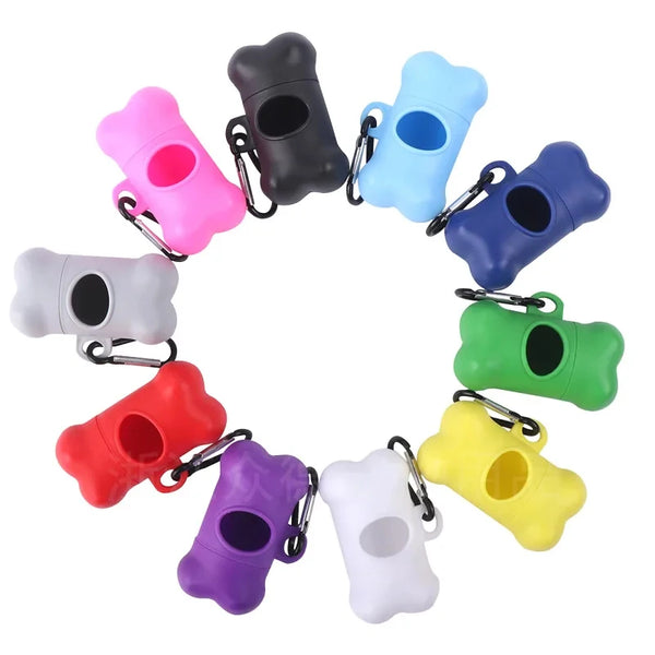 A set of bone-shaped dog waste bag dispensers in various colors including pink, black, blue, green, and purple.