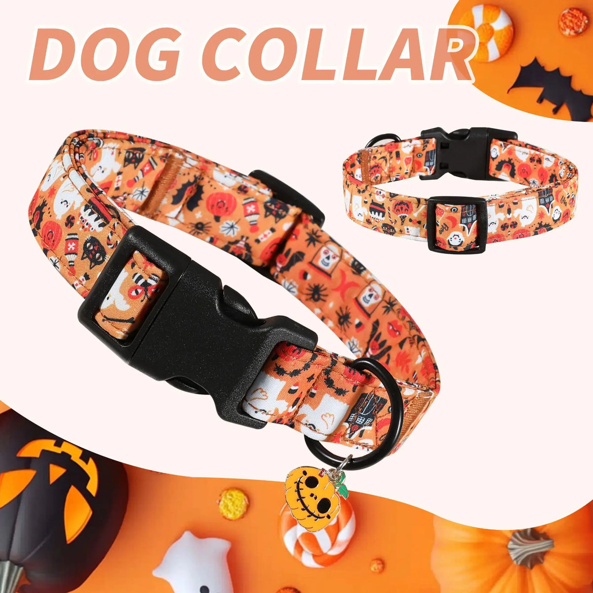 An orange patterned dog collar with a black anti-bite neck cover and bell displayed against an orange Halloween background.