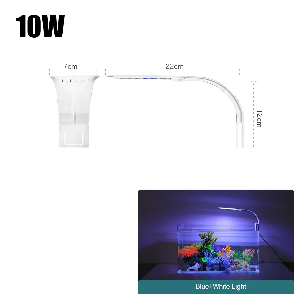 A slim clip-on LED aquarium light illuminates a vibrant underwater scene with blue and white light.