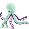 A soft green plush octopus toy with purple accents and polka dots.