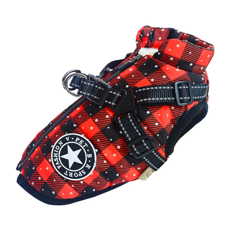 Chaleco/arnés impermeable para perro de tartán rojo y negro con correas negras