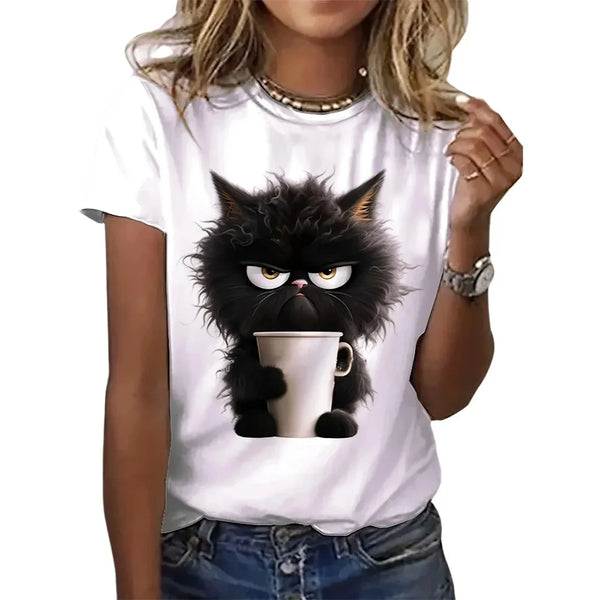 Camiseta de Verano para Mujer con Estampa Graciosa de Gato