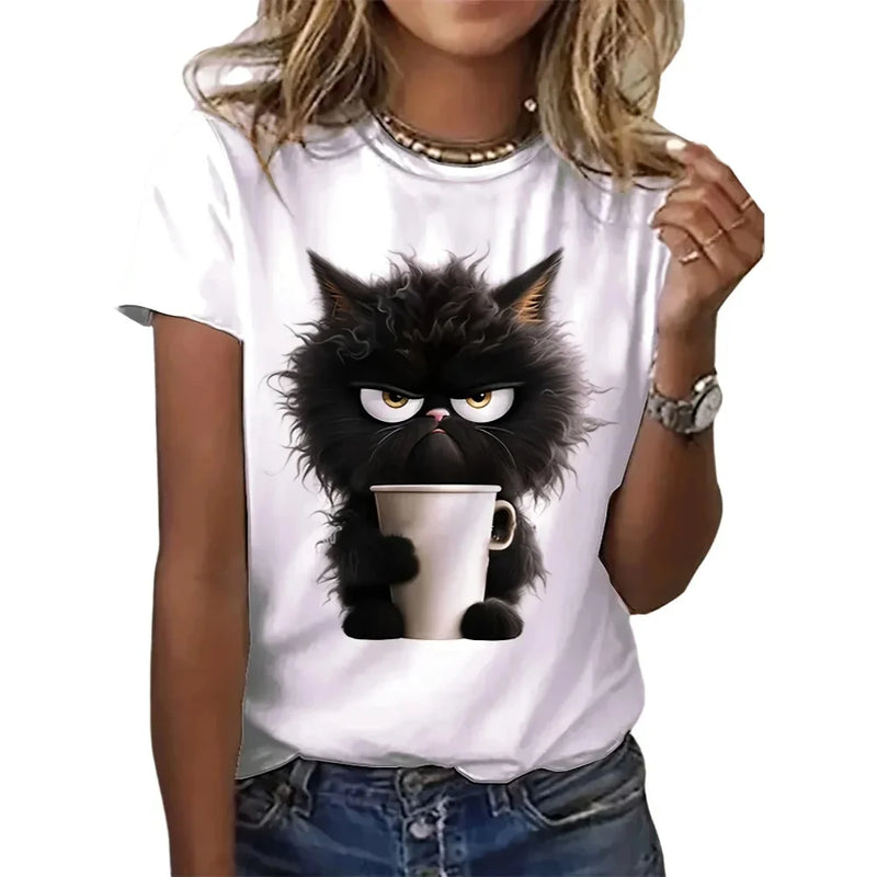 Camiseta de Verano para Mujer con Estampa Graciosa de Gato