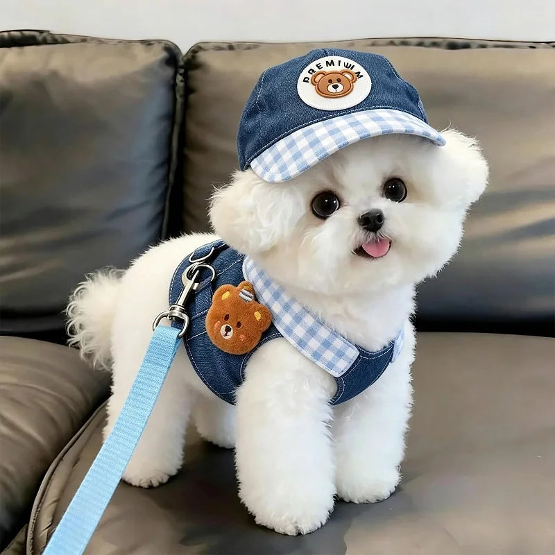 Denim Dog Harness and Leash Set with Matching Hat