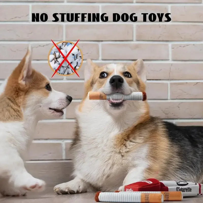 A fluffy dog is shown next to a wooden chew toy, with text indicating no stuffing dog toys.