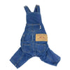 Blue denim jumpsuit costume for dogs with pockets and a small tag