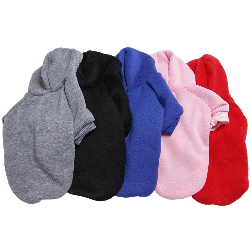 Collection de cinq pulls pour lapins confortables gris, noir, bleu, rose et rouge.