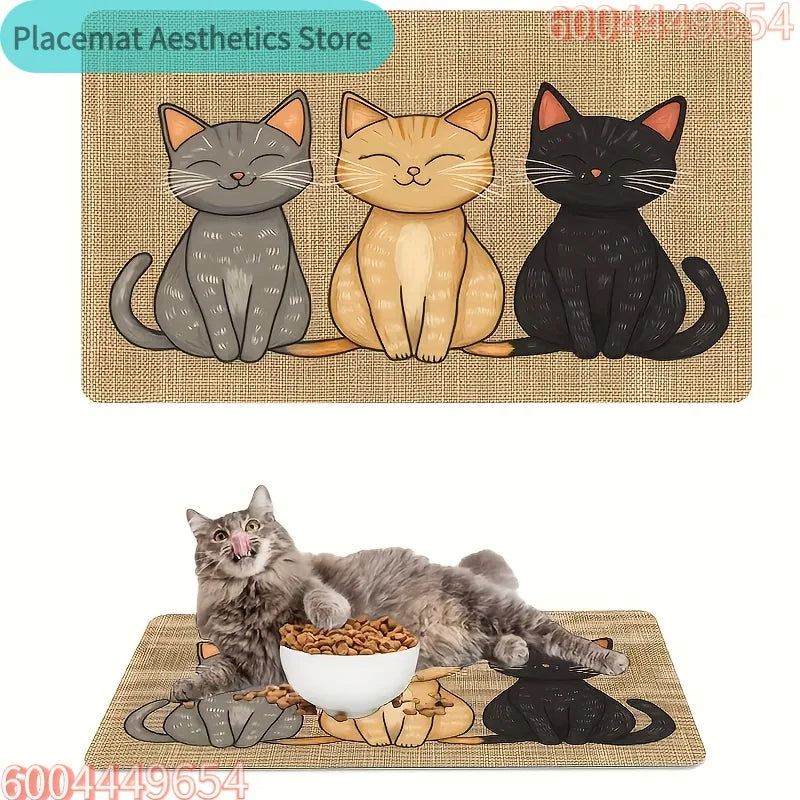 A set of three cat-patterned feeding mats featuring cats in gray, beige, and black.