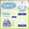 A cute white goose outfit for lawn decor shown alongside a blue inflatable ring and an earplug.