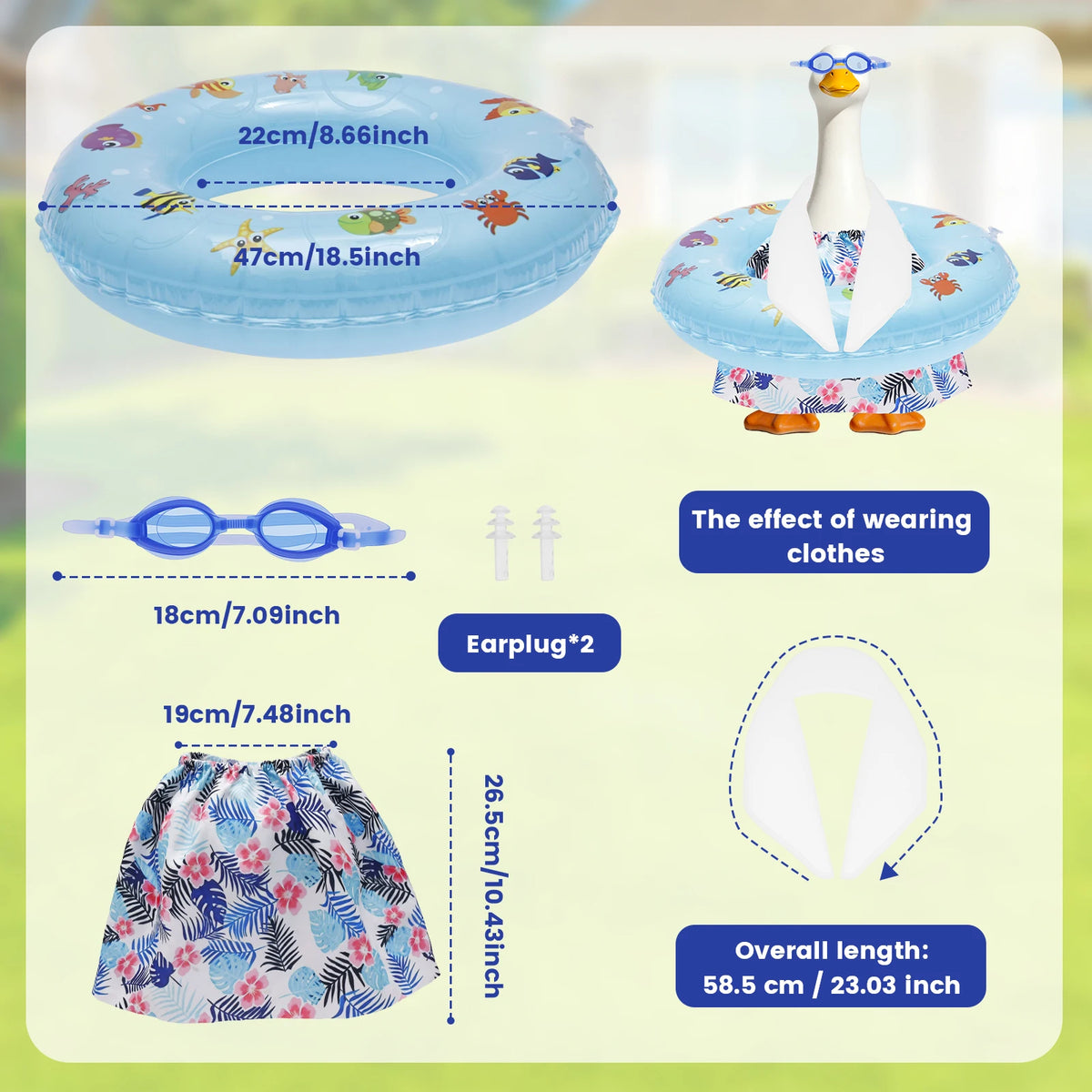 A cute white goose outfit for lawn decor shown alongside a blue inflatable ring and an earplug.