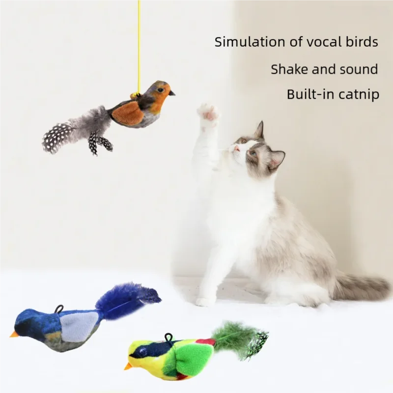 A cat interacts with a wall-mounted toy simulating vocal birds, including a built-in catnip feature.