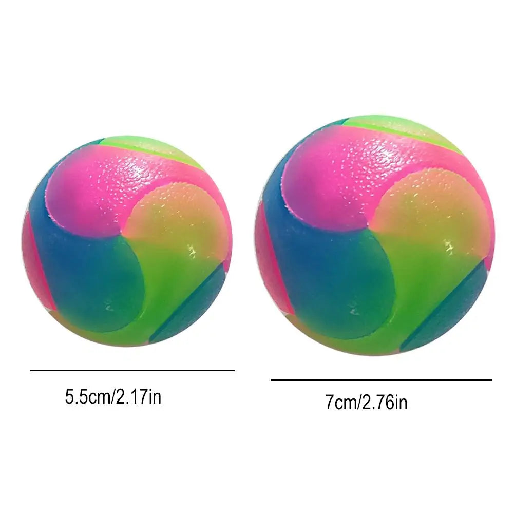 Two brightly colored, spherical interactive glowing fetch balls for pets, one measuring 5.5cm and the other 7cm.