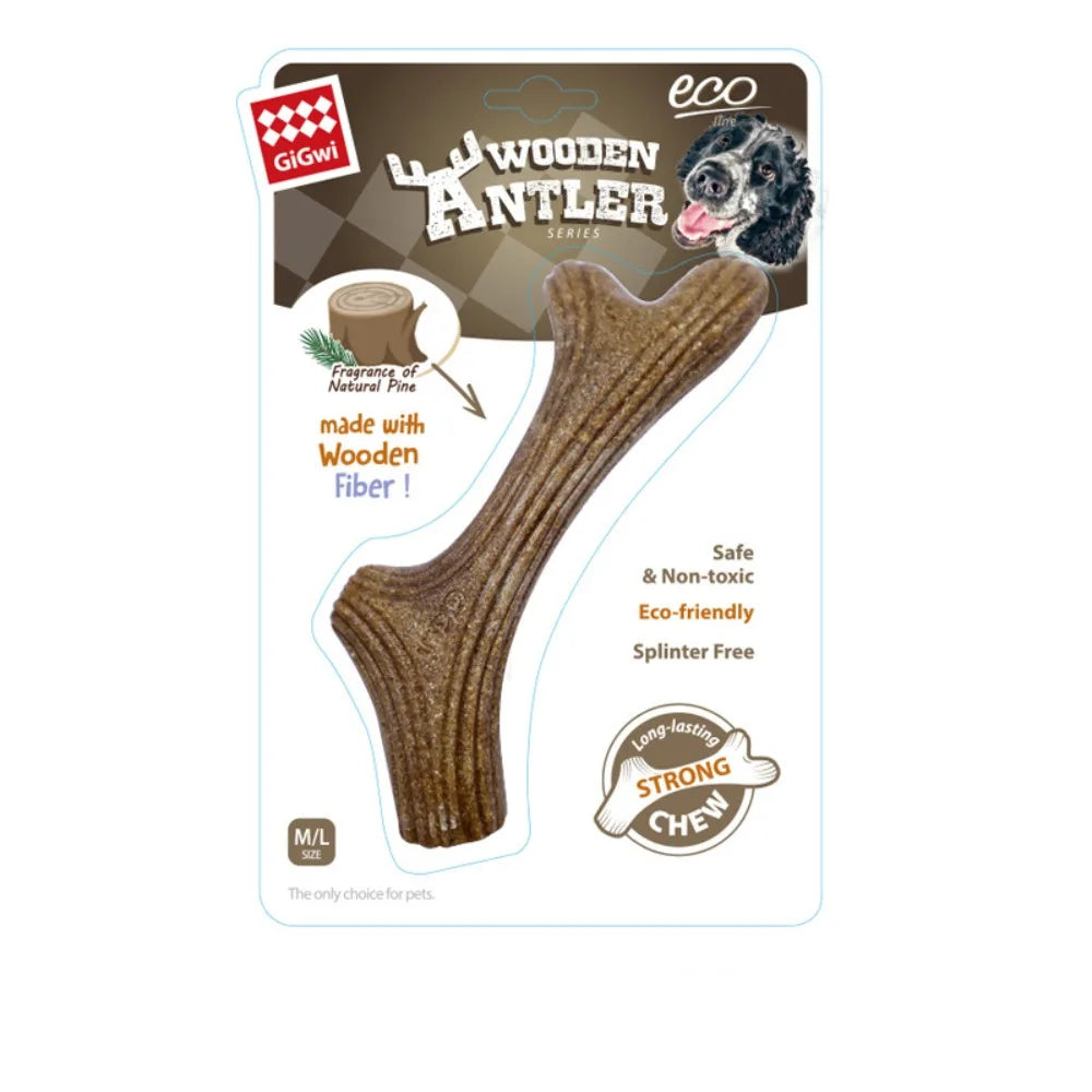 A package of Gigwi Wooden Antler series dog chew sticks made with wooden fiber for pets.