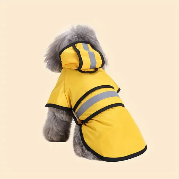 A yellow and gray waterproof dog raincoat with a hood and stripes is displayed against a light background.