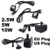 Black submersible aquarium water pump with various power options and plugs