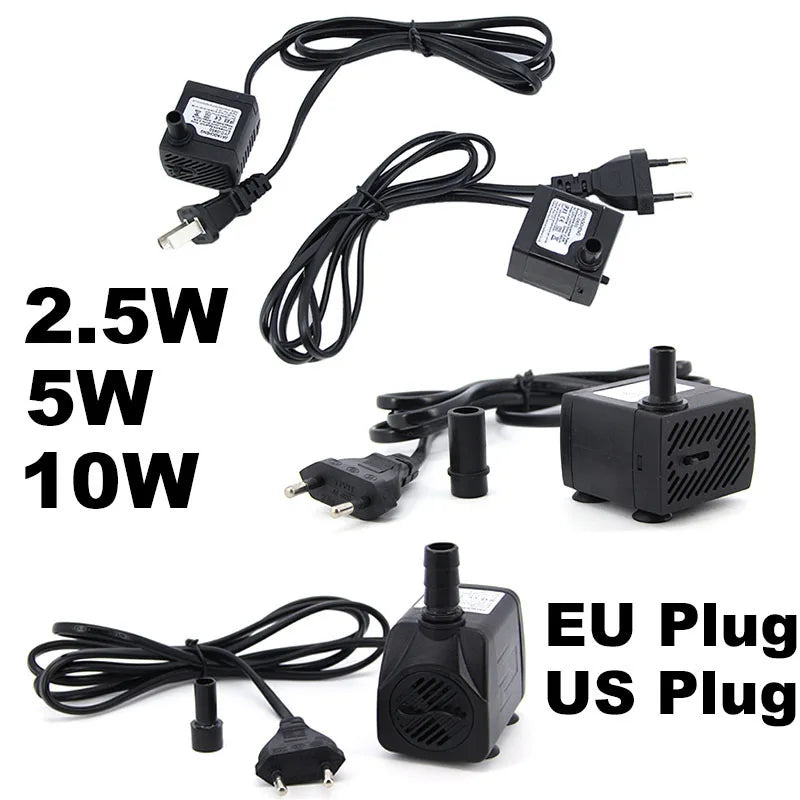 Black submersible aquarium water pump with various power options and plugs