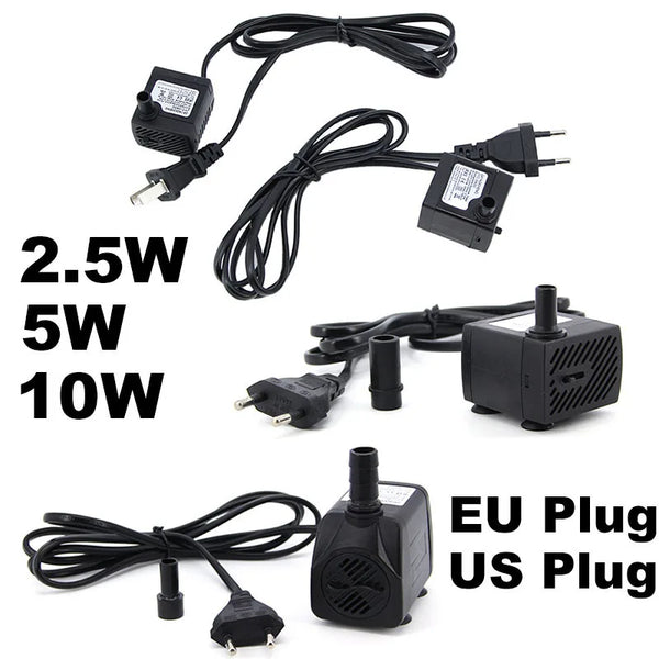 Black submersible aquarium water pump with various power options and plugs
