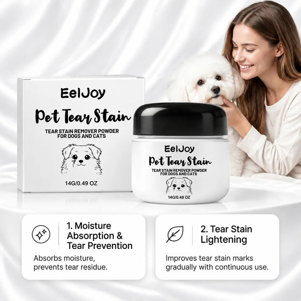 A woman holds a jar of EelJoy Pet Tear Stain Remover Powder for dogs and cats next to its packaging.