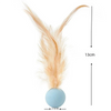 A long, light brown feather toy with an elastic ball attached, shown against a white background.