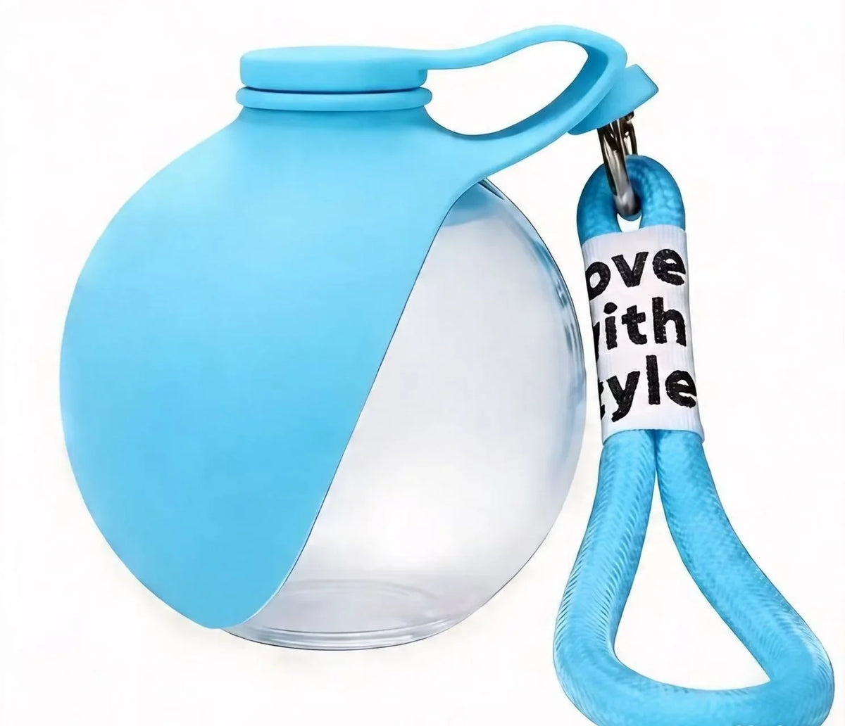 A light blue glass water bottle with a silicone spout and a blue fabric loop for carrying.