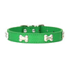 A bright green padded leather dog collar with silver bone rivets.