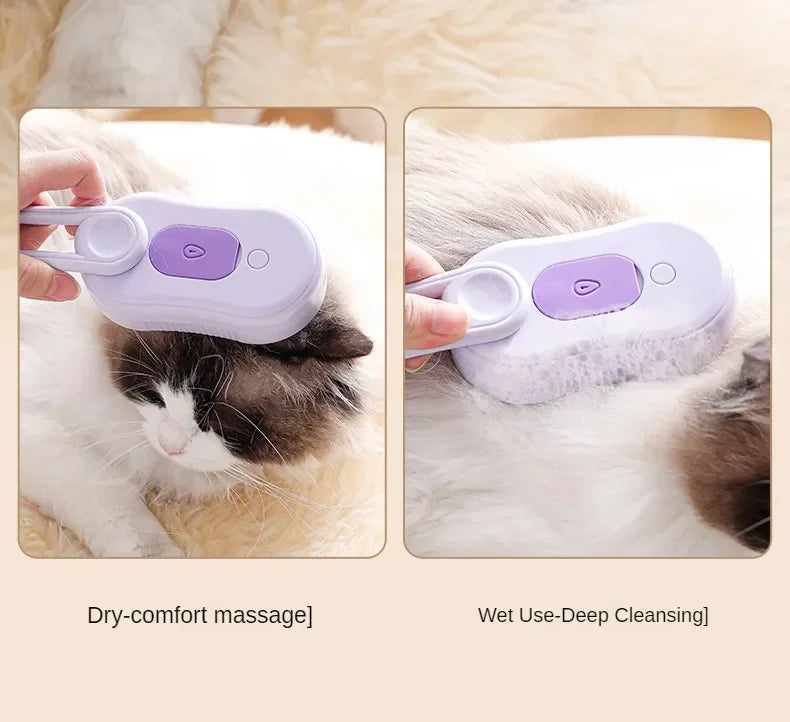 A grooming brush is shown being used for dry-comfort massage and wet-use deep cleansing on a cat.