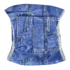 A blue denim washable dog diaper wrap for male dogs, showing the fabric texture and stitching.