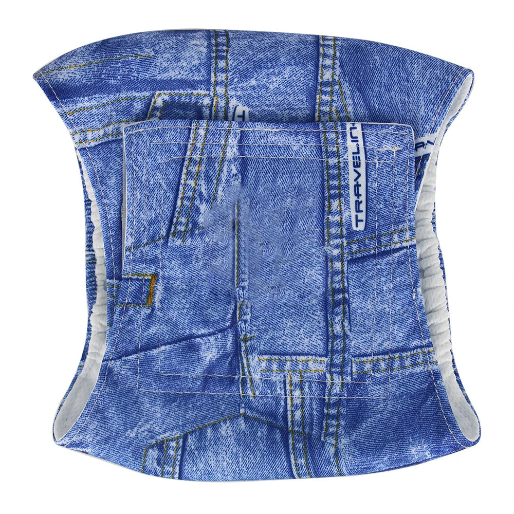 A blue denim washable dog diaper wrap for male dogs, showing the fabric texture and stitching.