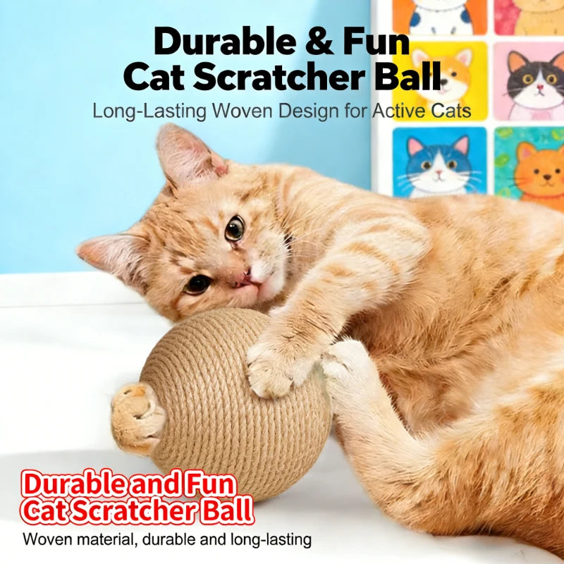A small orange tabby cat is using a woven sisal cat scratcher ball for grooming.