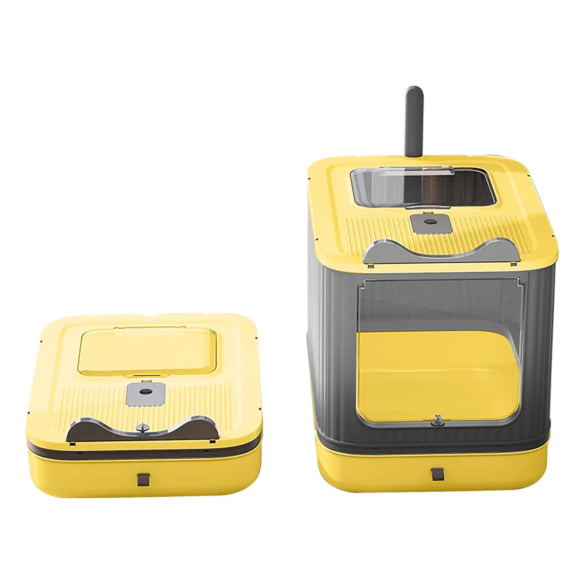 A yellow enclosed cat litter box with a gray lid and a black handle.