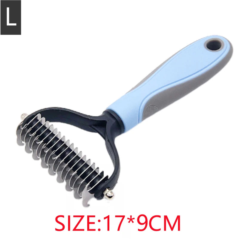 A light blue and gray stainless steel pet dematting comb for dogs and cats.