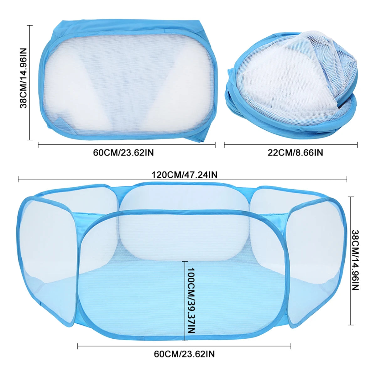 Portables Tierspielzelt mit blauen Maschendrahtseiten in verschiedenen Ansichten und Größen.