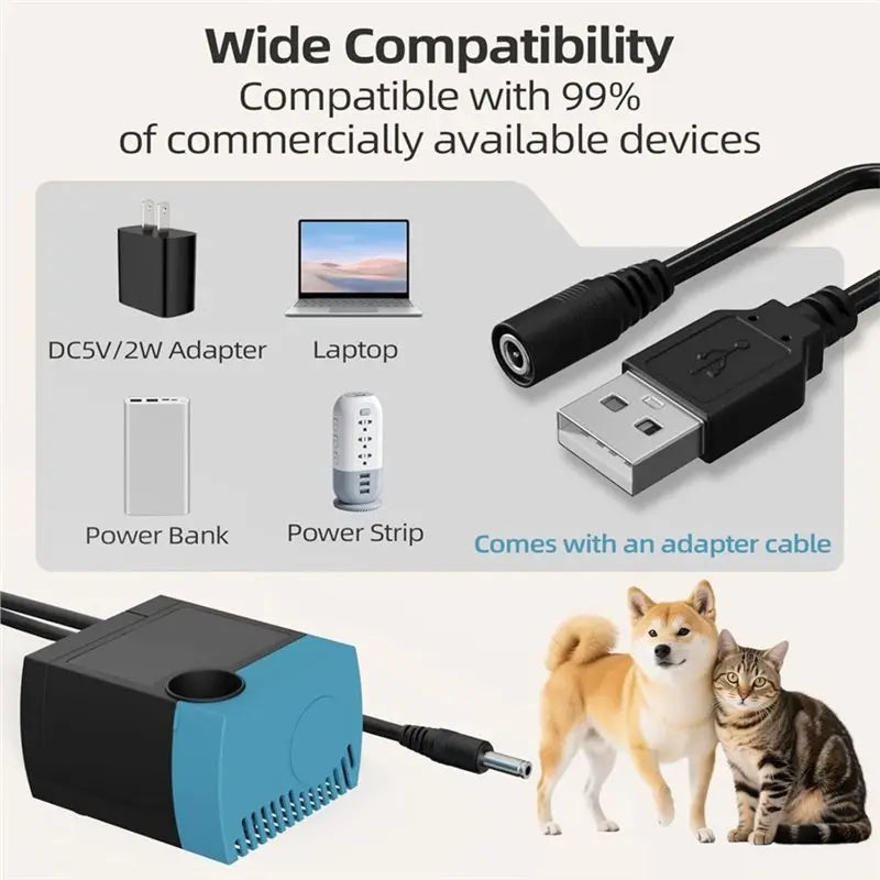 A black low-voltage submersible pump is shown connected to a power cord, with a dog and a cat nearby.