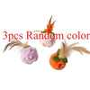 Three random colored feather cat toys with plush balls and green leaves