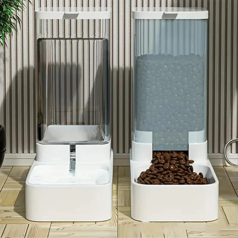 A white gravity-fed pet feeder and water dispenser set with clear containers filled with pet food and water.
