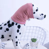 Ein weißer Hund trägt eine rosa Beruhigungs-Ohrschutz-Mütze und steht auf einer weißen Oberfläche.