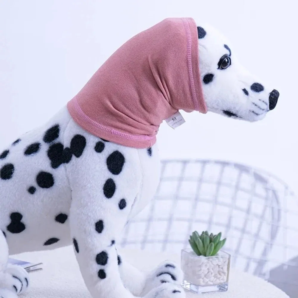 Ein weißer Hund trägt eine rosa Beruhigungs-Ohrschutz-Mütze und steht auf einer weißen Oberfläche.