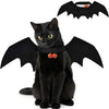 Black cat wearing a Halloween bat wings pet costume with an orange pumpkin bell