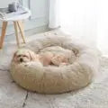 Beige Plüschkattennestbett auf einer hellen Oberfläche.