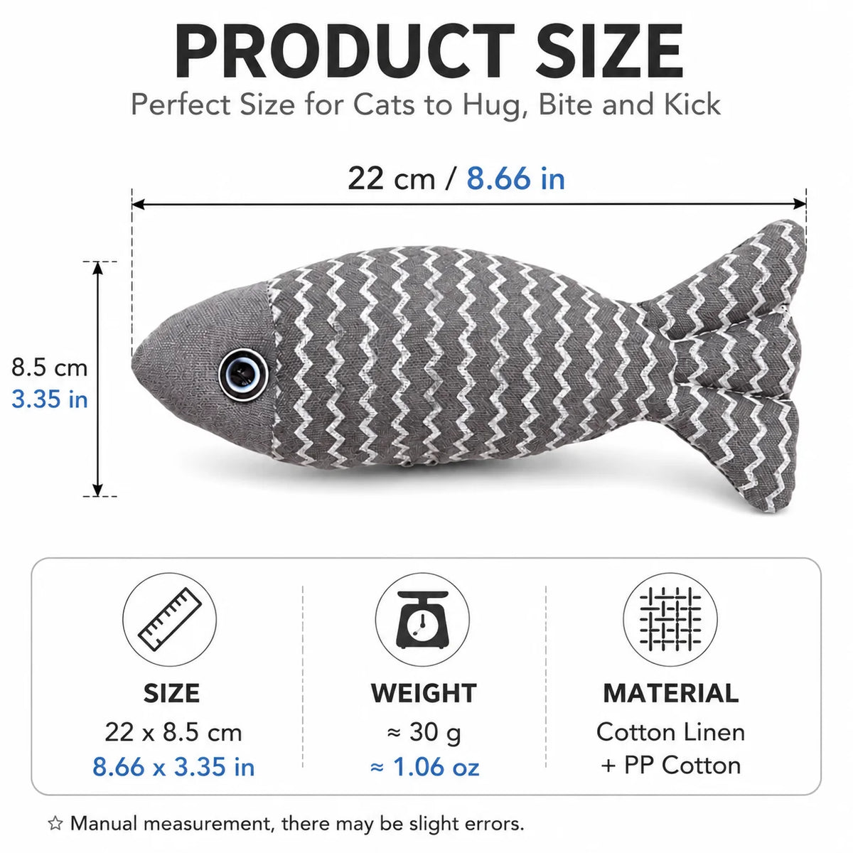 Gray fish plush toy for cats with a chevron pattern, measuring 22 cm long and 8.5 cm tall.