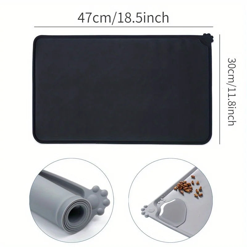 Black silicone pet feeding mat with raised edges shown in various angles