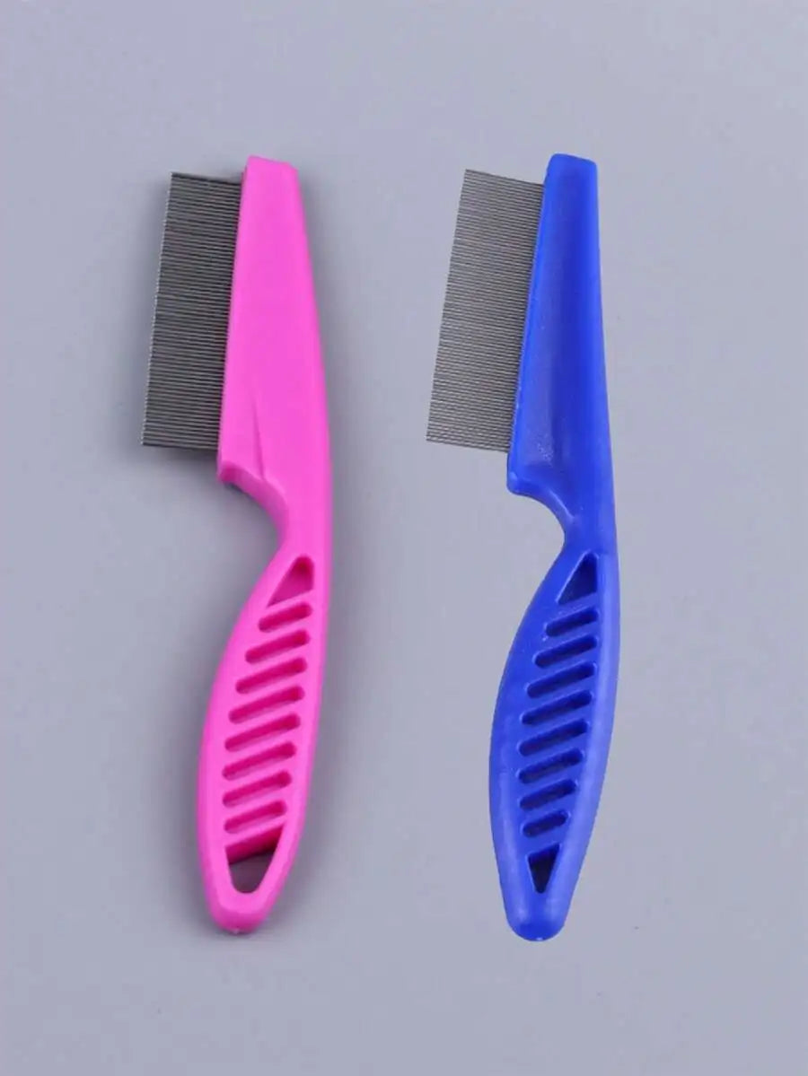 A pair of fine-toothed stainless steel pet grooming combs in pink and blue.