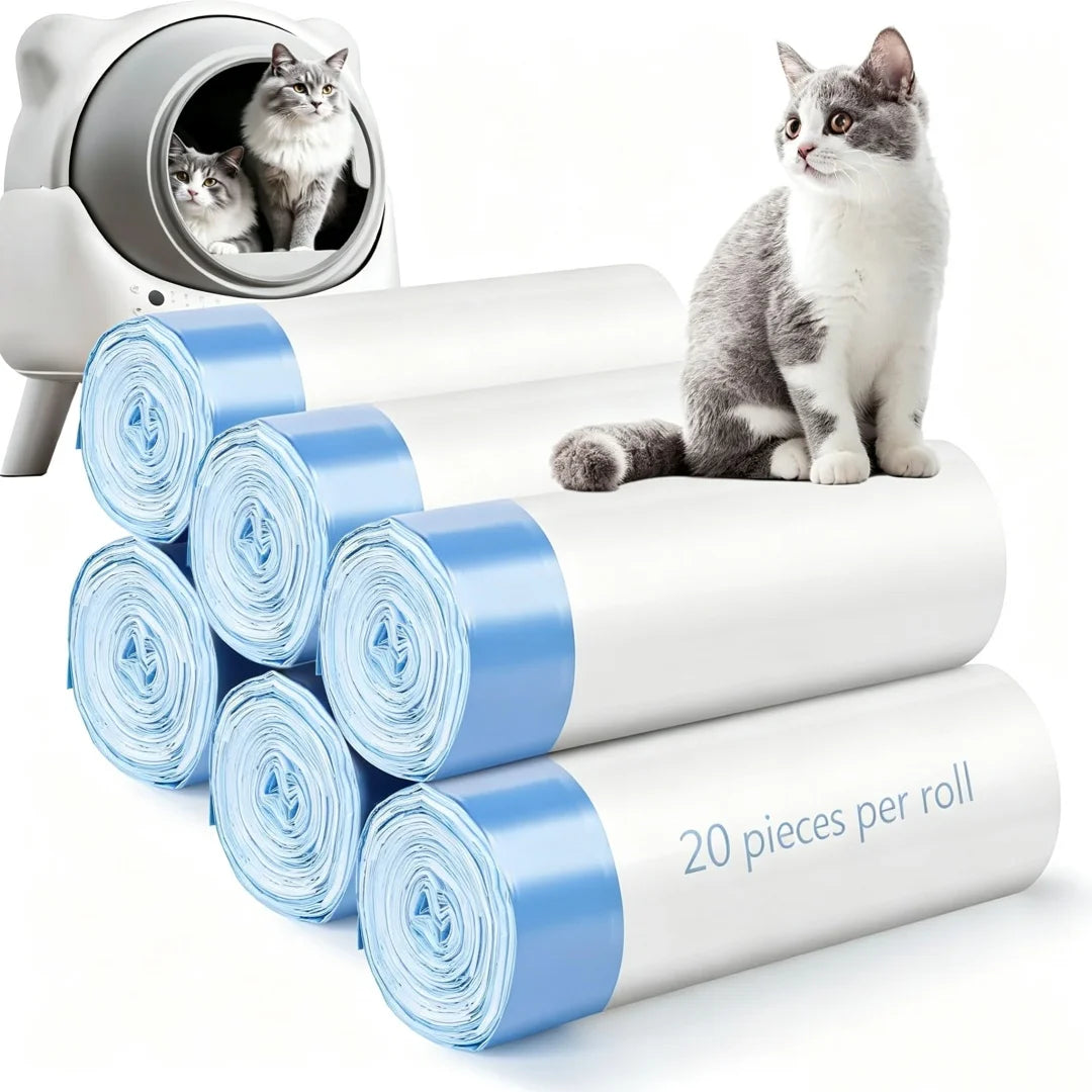 Rolls of blue and white drawstring cat litter box liners for automatic and robotic litter boxes