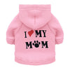 Pink dog sweatshirt hoodie with I love my mom text and paw print design