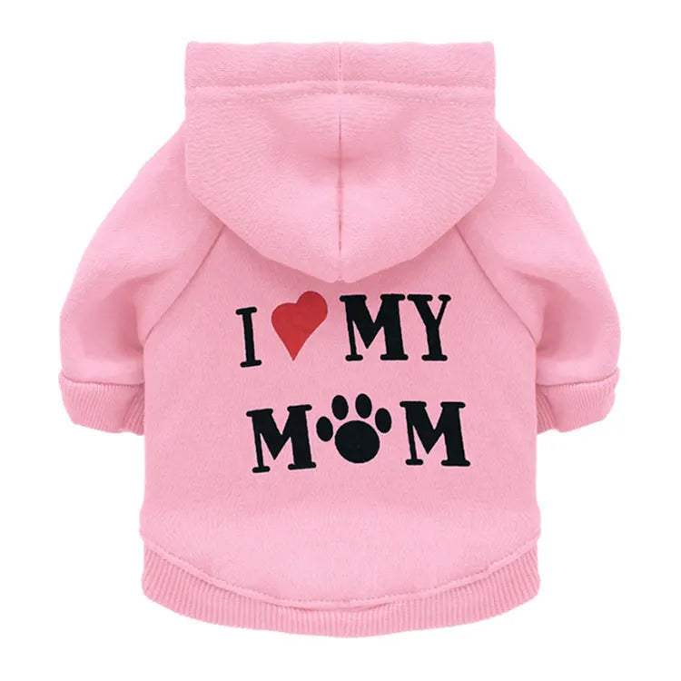 Pink dog sweatshirt hoodie with I love my mom text and paw print design
