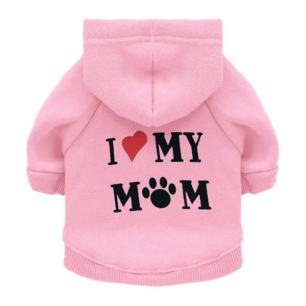 Pink dog sweatshirt hoodie with I love my mom text and paw print design