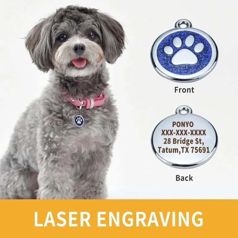 A gray poodle wearing a pink collar, with separate front and back pet ID tags shown for laser engraving.
