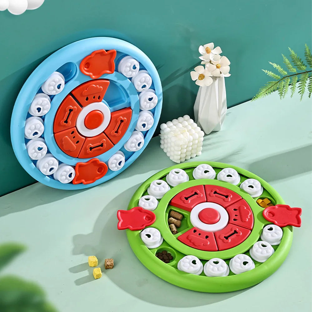 Two colorful interactive puzzle slow feeder bowls for pets, one blue and one green, with various shapes and textures.