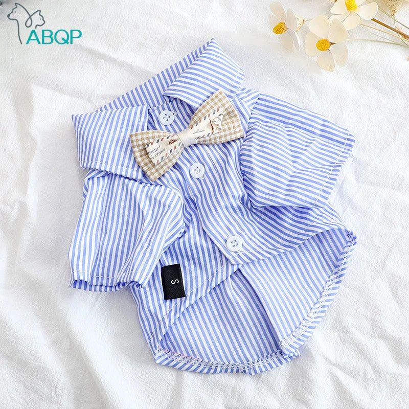 A light blue and white striped pet shirt with a bowknot detail is laid flat on a white surface.