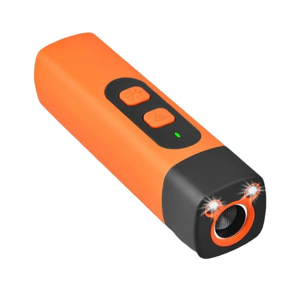 Orange rechargeable ultrasonic dog repeller with an LED flashlight feature.